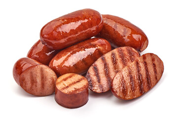 Fried bbq sausages, isolated on white background.