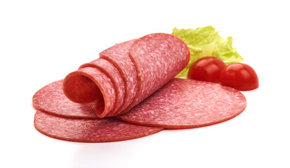 Thin salami sausage slices, isolated on white background.