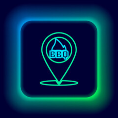 Glowing neon line Map pointer with barbecue icon isolated on black background. Fire flame icon. Barbecue and BBQ grill symbol. Colorful outline concept. Vector