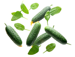 Flying cucumbers and spinach on white background