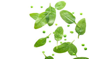 Flying peas and spinach on white background