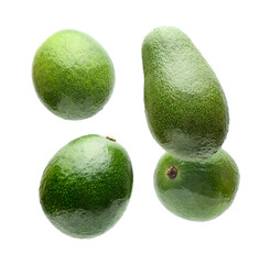 Flying avocados on white background