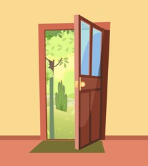 Opened door. From inside of room at home. Summer trees landscape view. Yellow wall. Way is open. Cartoon cute fairy tale design. Image background. Vector