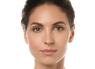Fototapeta premium Beautiful brunette woman healthy skin beauty teeth smile natural make up isolated on white