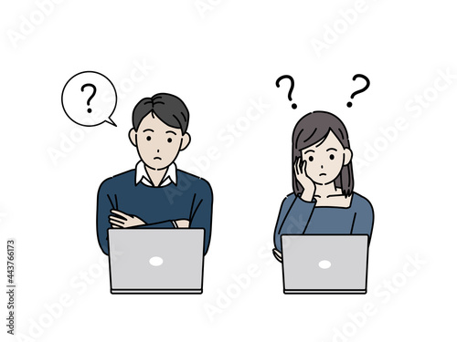 疑問 考える ノートパソコンを使う若い男女 フリーランス イラスト素材 Contemplate Poster Contempla Senryu