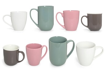 Set of colored ceramic glasses isolated on a white background. A variety of shapes of mugs for design on the theme of tea, coffee and other drinks.