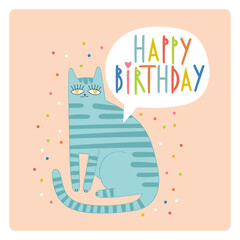 Happy Birthday. Lettering poster. Cute cartoon cat. Holiday card. colored dots - confetti. 