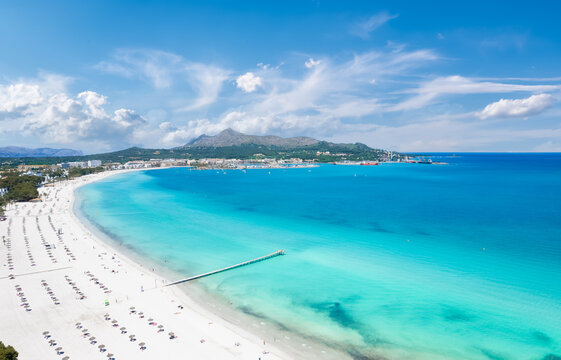 Aerial view of Platja de Muro in Alcudia bay, Majorca Island, Spain