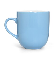 Blue ceramic beverage mug photographed on a white background.