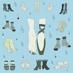 Human feet in different angles and positions. Shoes, sneakers, sandals. © Елена Кельман