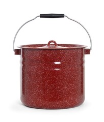 Red enamel bucket with closed lid isolated on white background
