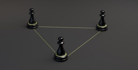 Chess pieces on a triangle of golden lines. Teamwork. 3d illustration. Banner.