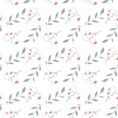 Vector illustration, seamless pattern with leaves, twigs, flowers in green, red on a white background