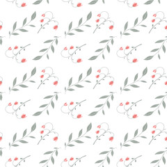 Vector illustration, seamless pattern with leaves, twigs, flowers in green, red on a white background