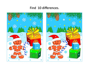 Winter holidays, Christmas or New Year themed find 10 differences visual puzzle with gingerbread man, gift boxes and outdoor night scene
