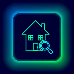 Glowing neon line Search house icon isolated on black background. Real estate symbol of a house under magnifying glass. Colorful outline concept. Vector