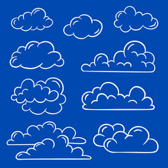 Doodle collection of hand-drawn clouds. White linear clouds, design collection for banner, card, poster. Hand-drawn, doodle elements isolated on blue background.