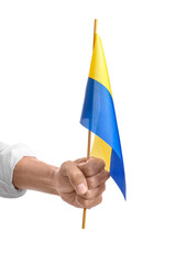 Male hand with flag of Ukraine on white background