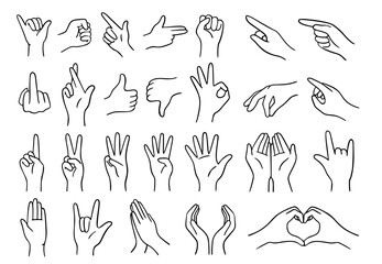 Vector set of doodle hands. Expression gestures human hands. Hand-drawn, doodle elements isolated on white background.