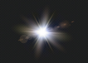 White glowing light explodes on a transparent background. Vector illustration of light decoration effect with ray. Bright Star.