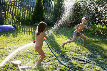 Happy kids brother and sister playing with garden hose and having fun with spray of water in sunny backyard. Summer time. - obrazy, fototapety, plakaty