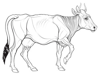 Linear vector iIllustration of a walking horned cow. Image of domestic cattle. Design element for farm, dairy packaging or meat products.