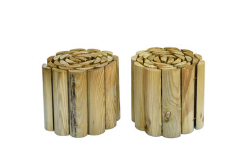 Object, wooden nature log roll edging on white background and clipping path. Idea creating edging around flower space in garden.