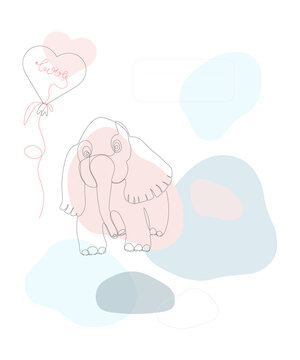 Modern drawing with a continuous line art of the silhouette of a cute baby elephant with a heart balloon and the inscription love. Vector illustration on the background of abstract figures