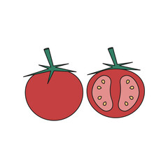 Set of tomatoes, whole tomato and a half. Isolated flat vector illustration on white background