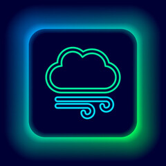 Glowing neon line Windy weather icon isolated on black background. Cloud and wind. Colorful outline concept. Vector