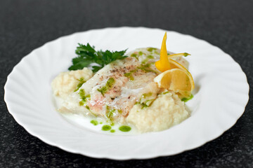 Fillet of white fish with vegetable puree. Diet nutritious meal. Seafood