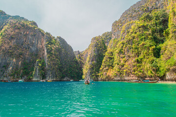 Krabi Thailand. March 23, 2021 blue water at Maya bay in Phi Phi Island
