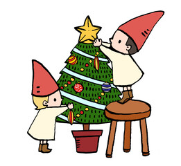 クリスマスツリーの飾り付けをする小人のイラスト