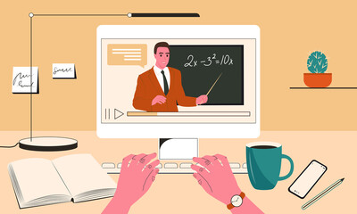 Video lesson for the student or schoolboy. A working table with a computer where on the monitor screen a man teacher points to a chalkboard. Online learning. Flat vector illustration