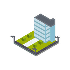 Isometric High Quality Street City Buildings on White Background. Vector Illustration
