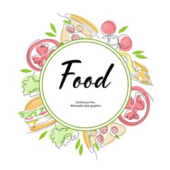 Pizza, burgers, cheese and vegetables are drawn in one line. Round composition.