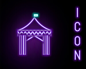Glowing neon line Camping tent icon isolated on black background. Carnival camping tent. Amusement park. Colorful outline concept. Vector