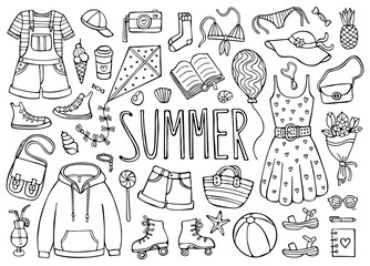 Summer doodle set, black elements isolated on white background. Vector illustration