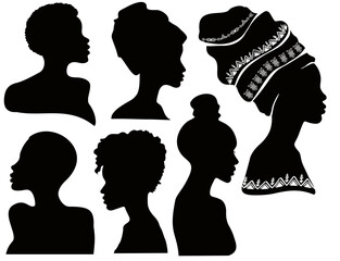 Profiles of black women. Silhouettes of african american women in a head wrap. Beautiful black girls profile. Vector fashion illustration isolated on white. Set of silhouettes african female face.