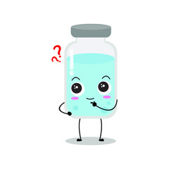 Cute vector of vaccine bottle character. Vaccination fight coronavirus (2019-nCoV), Alcohol gel for against COVID-19, Protection from viruses attack, smile, curious, isolated on white background 