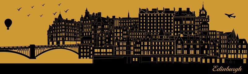 Vector city skyline silhouette - illustration, 
Town in gold background, 
Edinburgh Scotland - obrazy, fototapety, plakaty