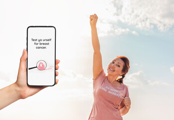 A females hand holds a smartphone with an inscription about a breast cancer test. In the background...