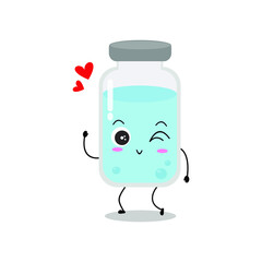 Cute vector of vaccine bottle character. Vaccination fight coronavirus (2019-nCoV), Alcohol gel for against COVID-19, Protection from viruses attack, smile lovely wink, isolated on white background 