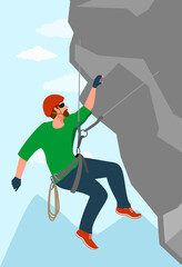 A man is engaged in extreme sports, a climber is training on rocks, strength and endurance training. Rock climbing