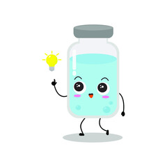 Cute vector of vaccine bottle character. Vaccination fight coronavirus (2019-nCoV), Alcohol gel for against COVID-19, Protection from viruses attack, smile, get an idea, isolated on white background 