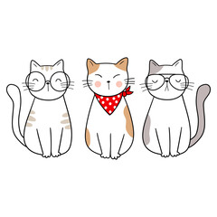 Funny cats with glasses and a bandama. Cartoon style. Vector illustration. Adorable doodle animal. Isolated objects on white background. Good for posters, t shirts, postcards.