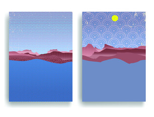 Poster with seaside landscape, ocean, moon, and sunset in Asian style  . Minimal design with Japanese wavy pattern . Trendy brochure . Vector illustration .