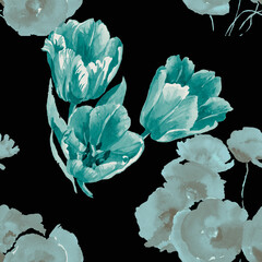 Turquoise tulips and poppies watercolor on black background seamless pattern for all prints.