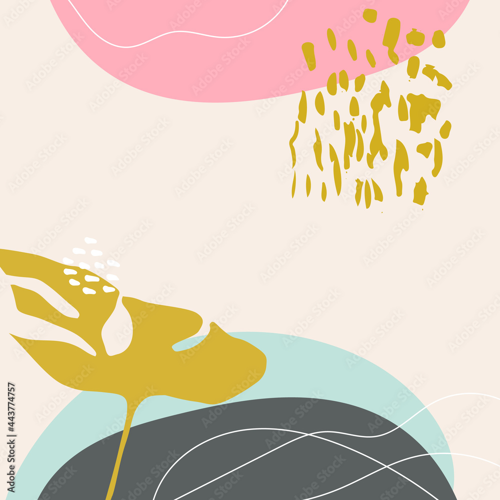 Poster abstract tropical background vector with palm leaf and shapes, lines and doodles in pastel colors