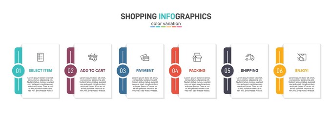 Concept of shopping process with 6 successive steps. Six colorful graphic elements. Timeline design for brochure, presentation, web site. Infographic design layout.